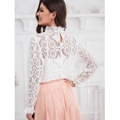  Poet Sleeve Openwork Scalloped Cuffs Lace Blouse - White S