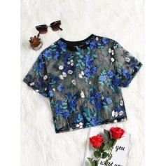 Floral Embroidered See Through Mesh Blouse - Blue S