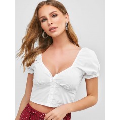 Smocked Back Buttoned Crop Blouse - White M
