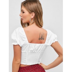 Smocked Back Buttoned Crop Blouse - White M