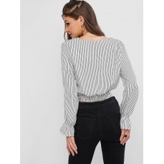 Striped Twisted Poet Sleeve Plunging Blouse - White S
