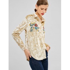 Flower Embroidered Velvet Shirt - Gold M