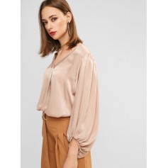 Plunge Lantern Sleeve Curved Oversized Blouse - Champagne S
