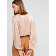 Plunge Lantern Sleeve Curved Oversized Blouse - Champagne S