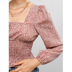 Square Smocked Floral Blouse - Red S