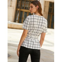  Plaid Loop Button Belted Blouse - White M