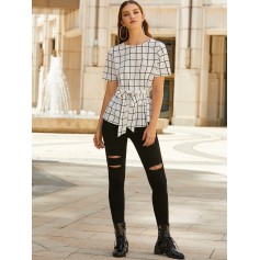  Plaid Loop Button Belted Blouse - White M