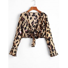 Leopard Knotted Ruffle Cuff Animal Print Blouse - Multi-a S