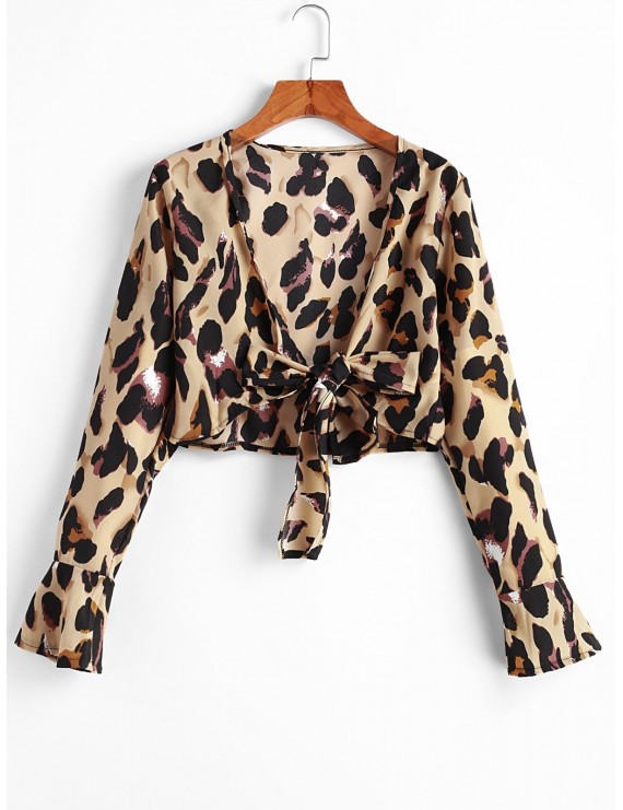 Leopard Knotted Ruffle Cuff Animal Print Blouse - Multi-a S