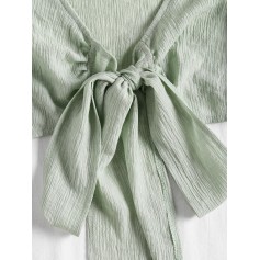 Plunging Neck Tied Bowknot Crop Blouse - Light Green S