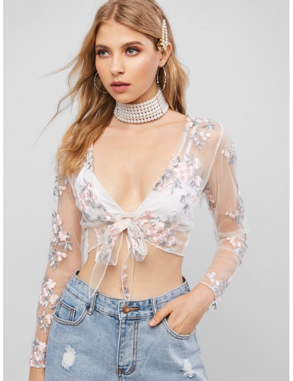 Floral Embroidered Tie Front Mesh Blouse - Multi