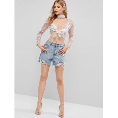 Floral Embroidered Tie Front Mesh Blouse - Multi