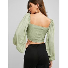 Cinched Square Neck Smocked Lantern Sleeve Blouse - Light Green S