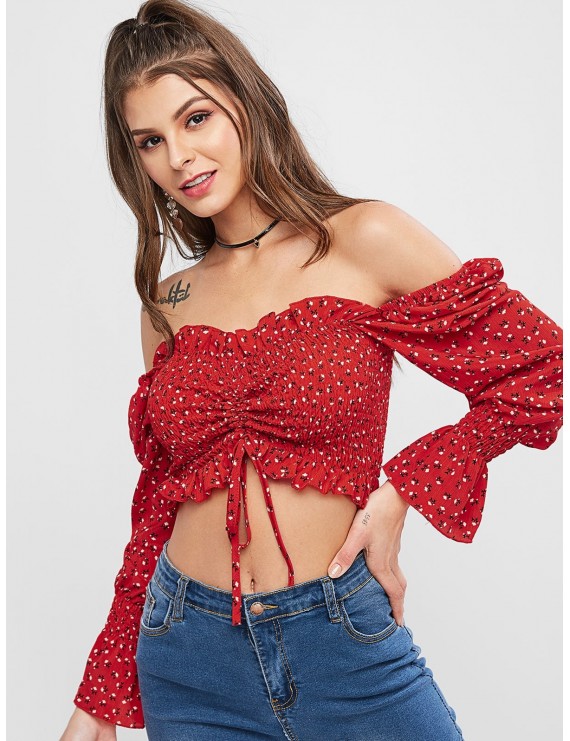 Ditsy Print Cinched Smocked Crop Blouse - Red S