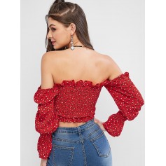 Ditsy Print Cinched Smocked Crop Blouse - Red S
