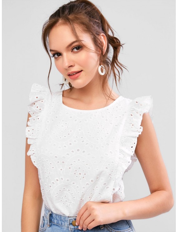  Broderie Anglaise Ruffled Eyelet Casual Blouse - White M
