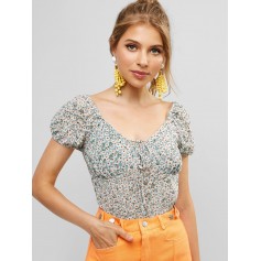 Tied Collar Cropped Floral Blouse - Multi-a M