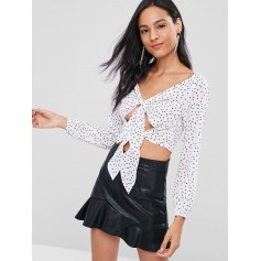 Tie Front Dots Top - White M