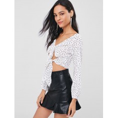 Tie Front Dots Top - White M