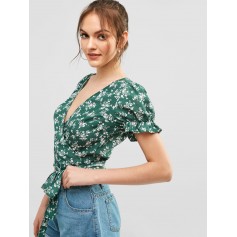  Tiny Floral Wrap Top - Green M