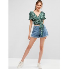  Tiny Floral Wrap Top - Green M