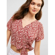 Floral Crop Wrap Blouse - Red Wine S