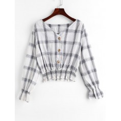 Buttons Poet Sleeve Plaid Blouse - White S