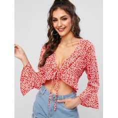 Tiny Floral Flare Sleeves Knotted Blouse - Red S