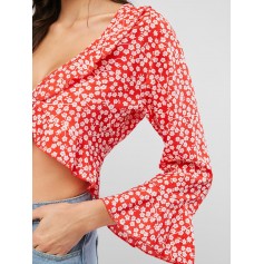 Tiny Floral Flare Sleeves Knotted Blouse - Red S