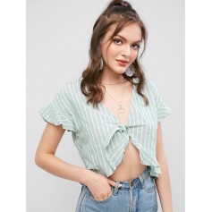  Striped Ruffle Front Knotted Blouse - Multi S