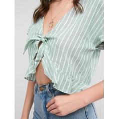  Striped Ruffle Front Knotted Blouse - Multi S
