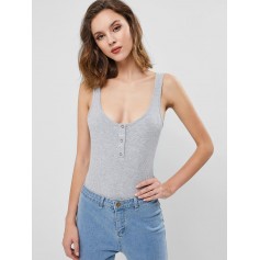  Ribbed Snape Button Backless Tank Bodysuit - Gray Cloud S