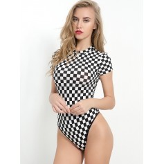 Checkered High Cut Bodysuit - Black S