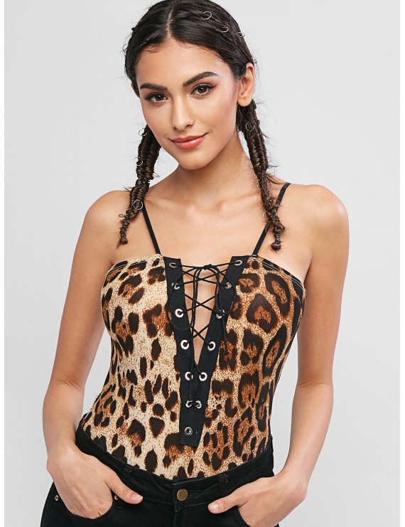Snap Button Leopard Lace Up Cami Bodysuit - Leopard S
