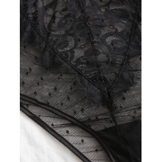 Dotted Eyelash Lace Panel Sheer Mesh Teddy - Black L