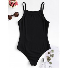  Solid Color Buttoned Cami Bodysuit - Black S