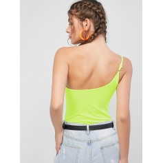 Snap Button One Shoulder Neon Bodysuit - Green S