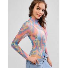 Mock Neck Colorful Mesh Bodysuit - Multi-a S