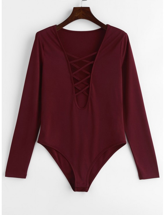  Plunge Long Sleeve Lattice Bodysuit - Red Wine L