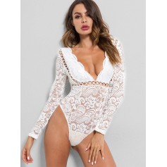 Hollow Out See Through Lace Bodysuit - White S