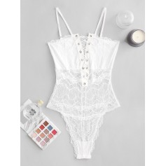 Lace Scalloped Lingerie Lace Up Teddy - White S