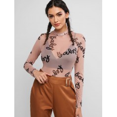 Snap Button Letter Print Sheer Mesh Bodysuit - Apricot S
