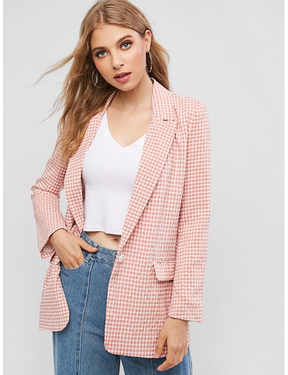One Buttoned Flap Pockets Gingham Blazer - Pink S