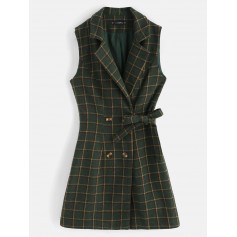  Plaid Double Breasted Lapel Waistcoat - Dark Forest Green M
