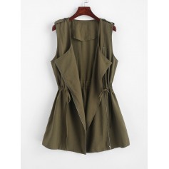  Drawstring Buttoned Tabs Zip Up Longline Waistcoat - Army Green S