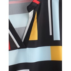  Belted Buttoned Sleeve Tabs Geometric Mini Dress - Multi S