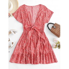 Floral Tie Front Mini Dress - Red S