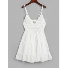 Knotted Back Crochet Panel Flared Cami Dress - White S