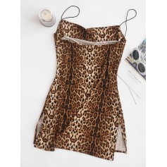 Snakeskin Leopard Print Slits Flared Cami Dress - Multi S