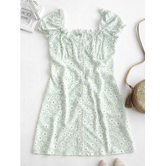Ruffles Floral Print Button Up Dress - White S